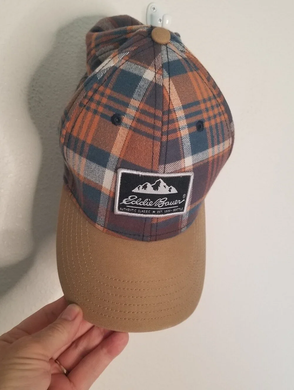 Eddie Bauer 100% Cotton Plaid Flannel Cap Hat Adjustable Strap For Size Blue Brn
